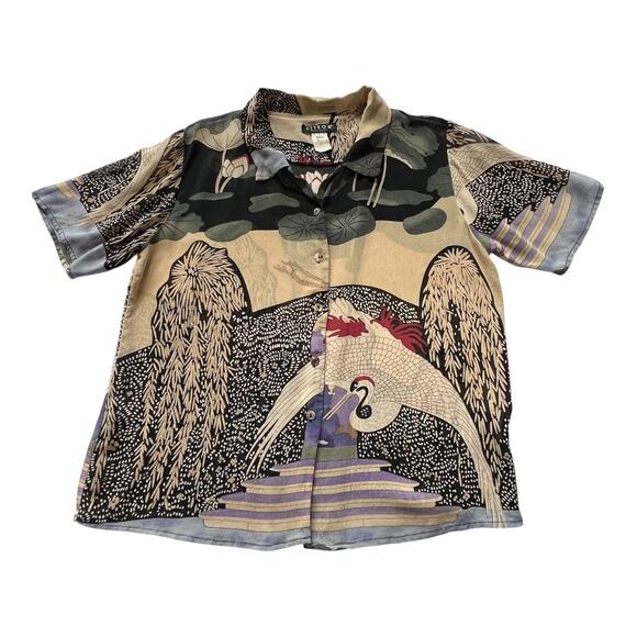 VINTAGE CITRON Crane Print Silk Button Down | L | Multicolor | Boho Resort - Picture 2 of 10